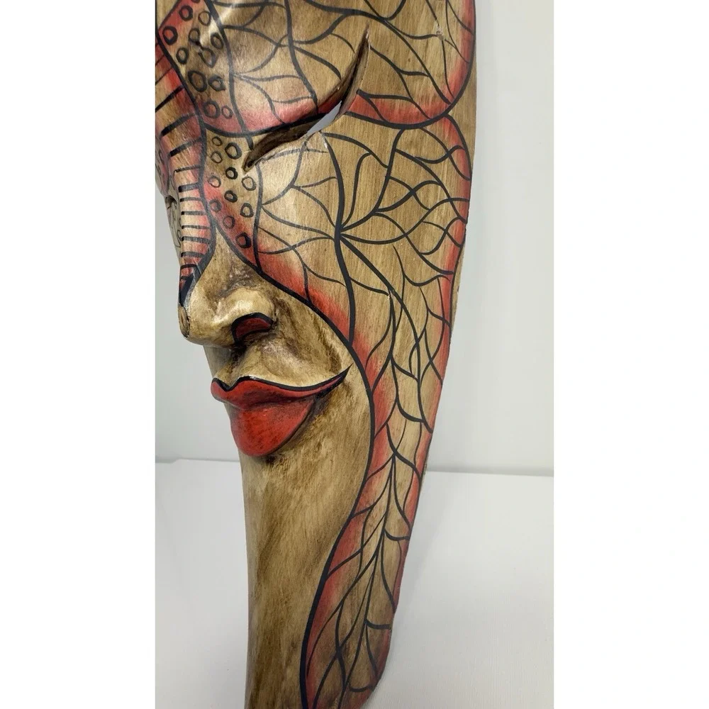 Bali Ethnic Wood Carved Tribal Mask Red Lip with Decorative Paint by Sejati 18